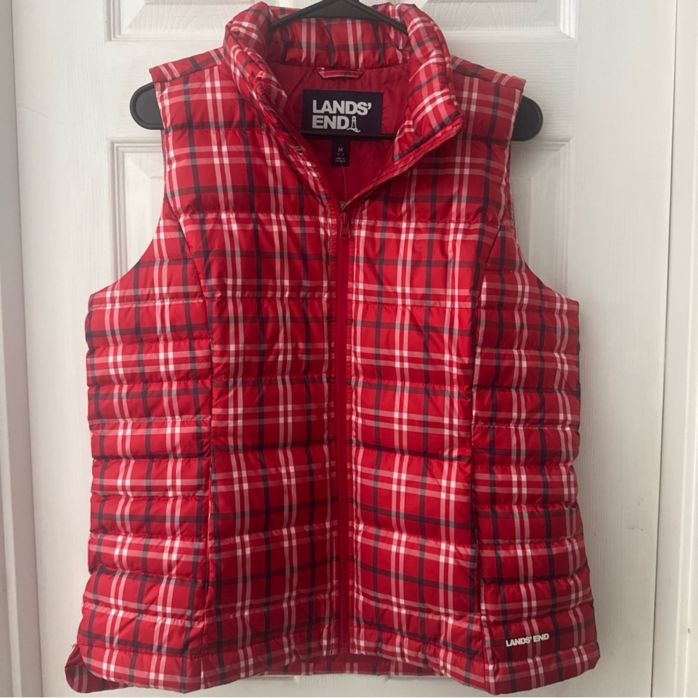 Lands' End Red and White Plaid Puffer Vest